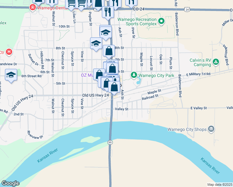 map of restaurants, bars, coffee shops, grocery stores, and more near 708 4th Street in Wamego