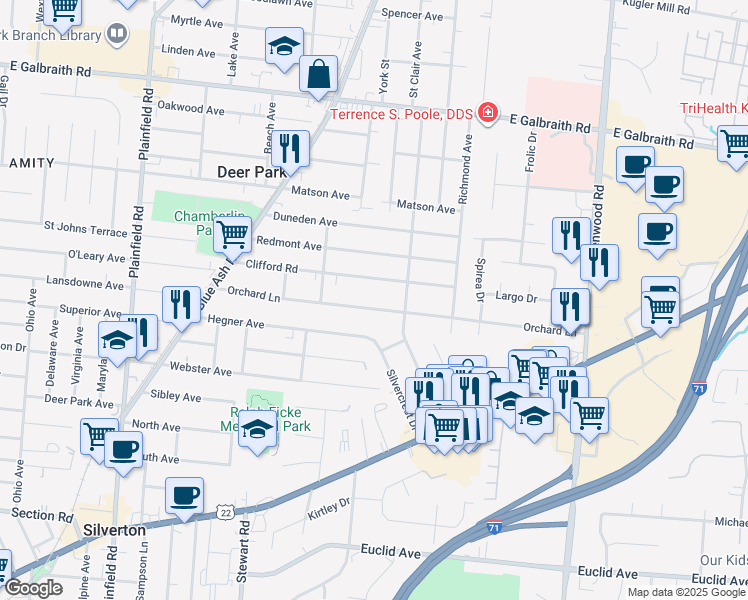 map of restaurants, bars, coffee shops, grocery stores, and more near 4340 Orchard Lane in Deer Park