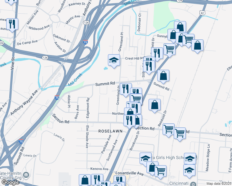 map of restaurants, bars, coffee shops, grocery stores, and more near 7657 Greenland Place in Cincinnati