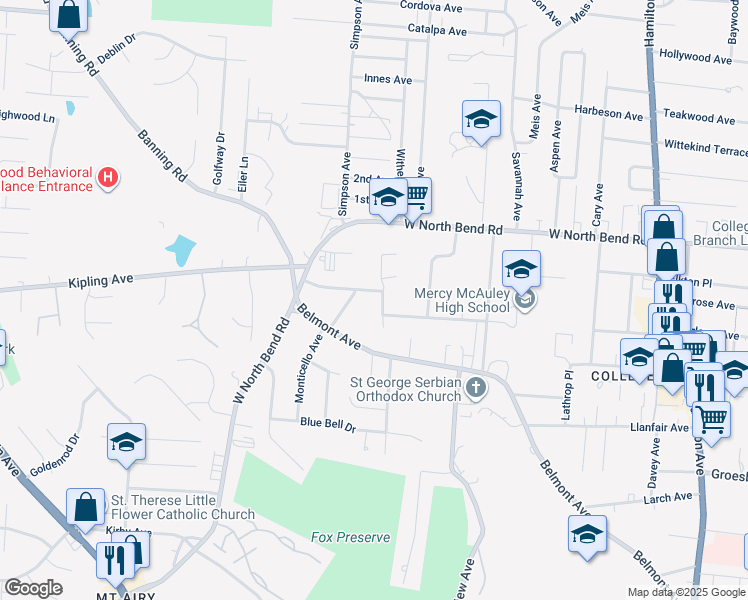 map of restaurants, bars, coffee shops, grocery stores, and more near 6027 Connecticut Court in Cincinnati