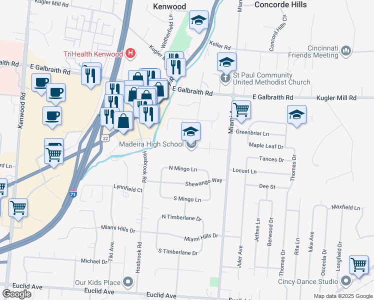 map of restaurants, bars, coffee shops, grocery stores, and more near 7465 Loannes Drive in Cincinnati