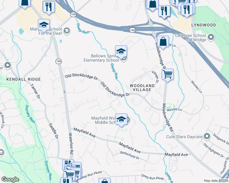map of restaurants, bars, coffee shops, grocery stores, and more near 7807 Whistling Pines Court in Ellicott City