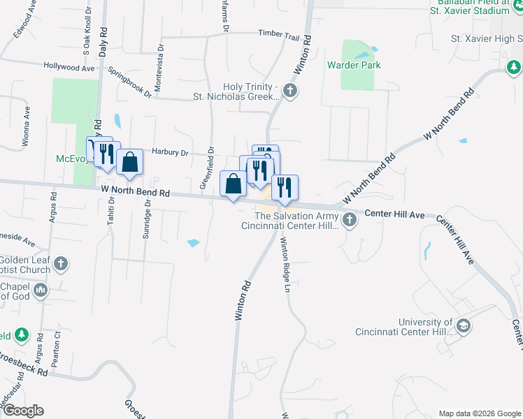 map of restaurants, bars, coffee shops, grocery stores, and more near 931 West North Bend Road in Cincinnati