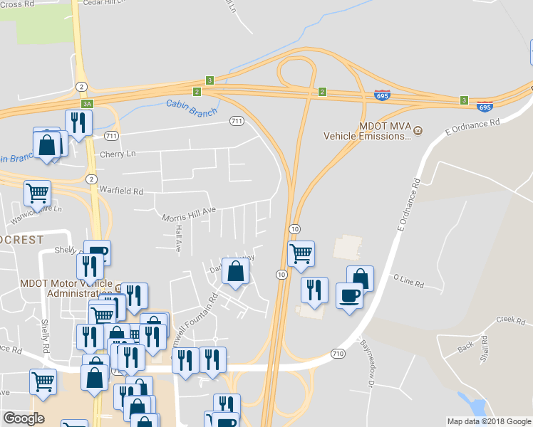 map of restaurants, bars, coffee shops, grocery stores, and more near 428 Poinsettia Place in Glen Burnie