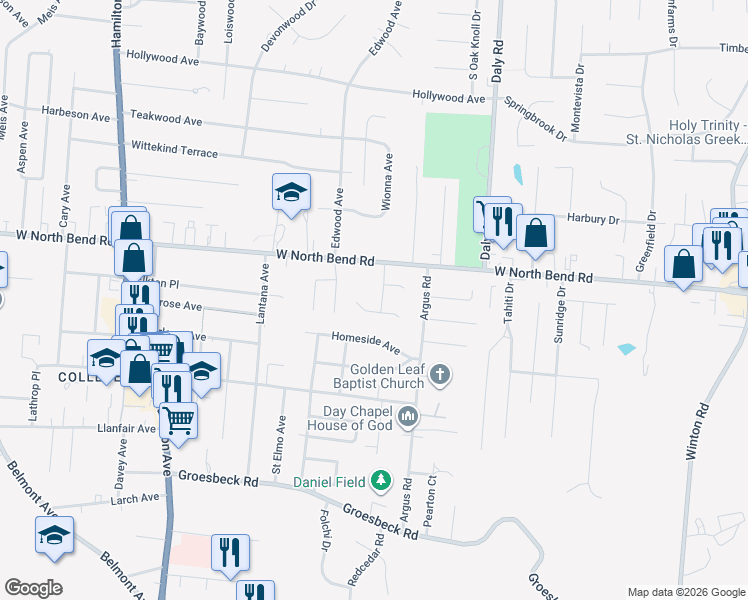 map of restaurants, bars, coffee shops, grocery stores, and more near 6111 Hempwood Avenue in Cincinnati