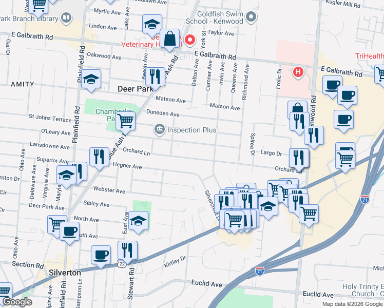 map of restaurants, bars, coffee shops, grocery stores, and more near 4340 Orchard Lane in Deer Park