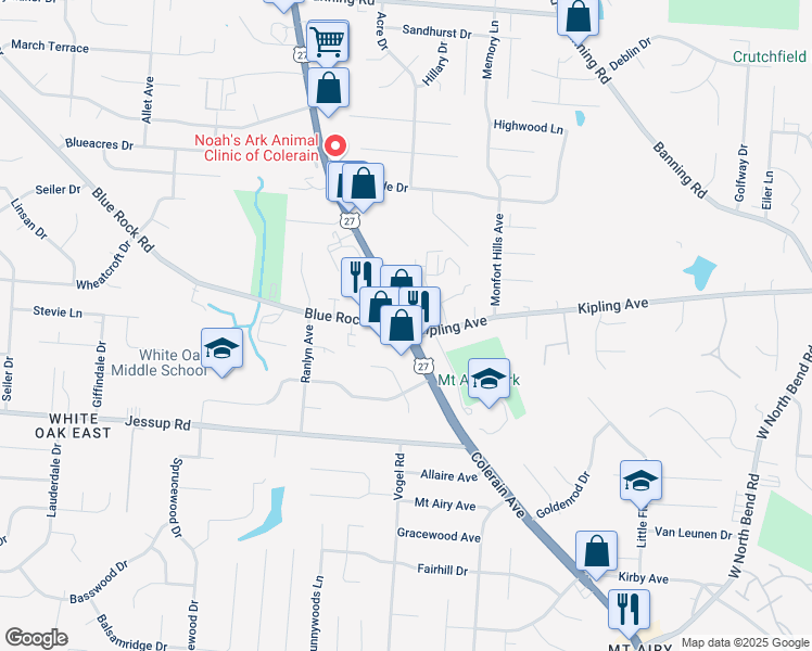 map of restaurants, bars, coffee shops, grocery stores, and more near Colerain Ave & Kipling Ave in Cincinnati