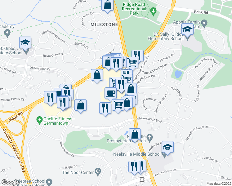 map of restaurants, bars, coffee shops, grocery stores, and more near 21030 Frederick Road in Germantown