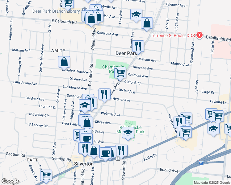 map of restaurants, bars, coffee shops, grocery stores, and more near 4105 Orchard Lane in Cincinnati