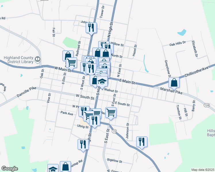 map of restaurants, bars, coffee shops, grocery stores, and more near 142 East Walnut Street in Hillsboro