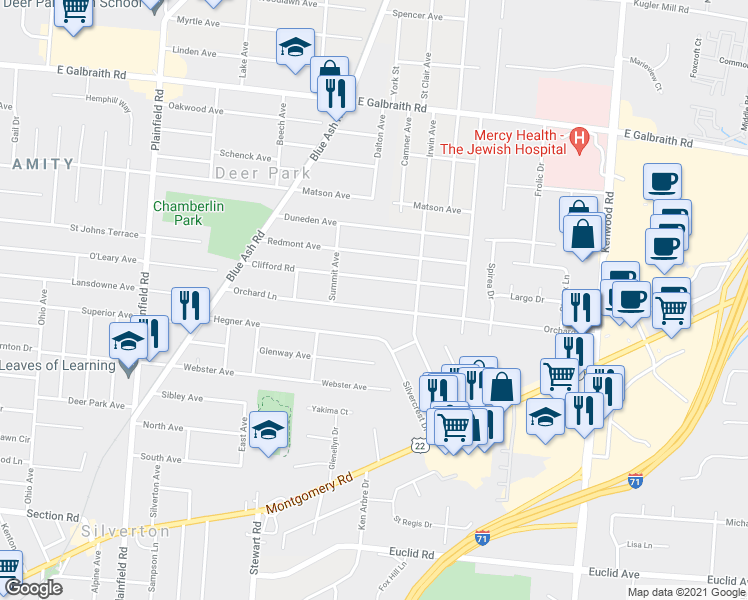 map of restaurants, bars, coffee shops, grocery stores, and more near 4340 Orchard Lane in Deer Park