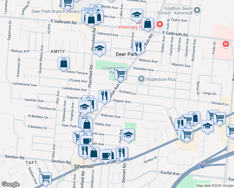map of restaurants, bars, coffee shops, grocery stores, and more near 4105 Orchard Lane in Cincinnati
