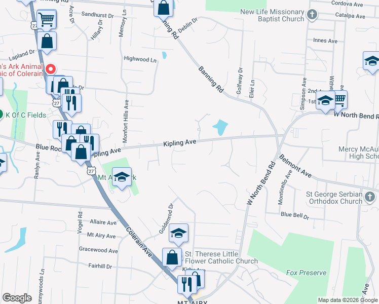 map of restaurants, bars, coffee shops, grocery stores, and more near 2465 Hearthstead Lane in Cincinnati