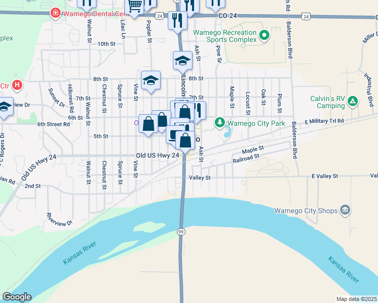 map of restaurants, bars, coffee shops, grocery stores, and more near 708 4th St in Wamego