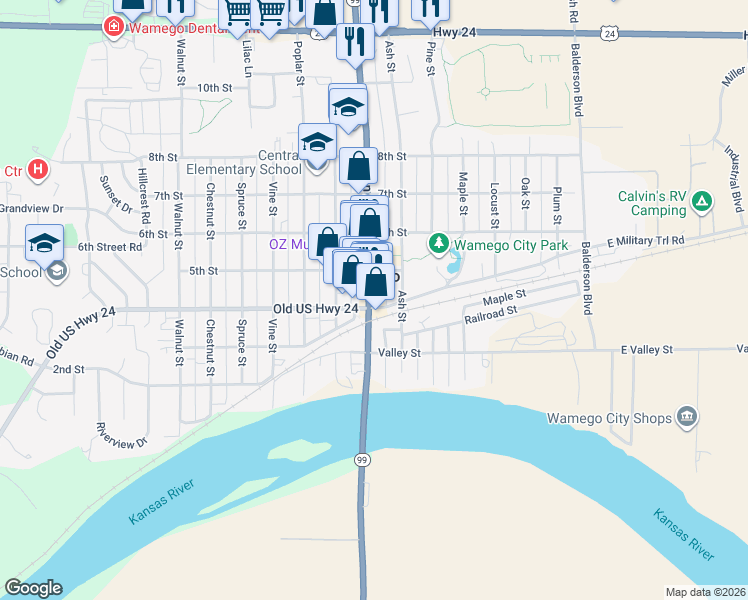 map of restaurants, bars, coffee shops, grocery stores, and more near 708 4th St in Wamego