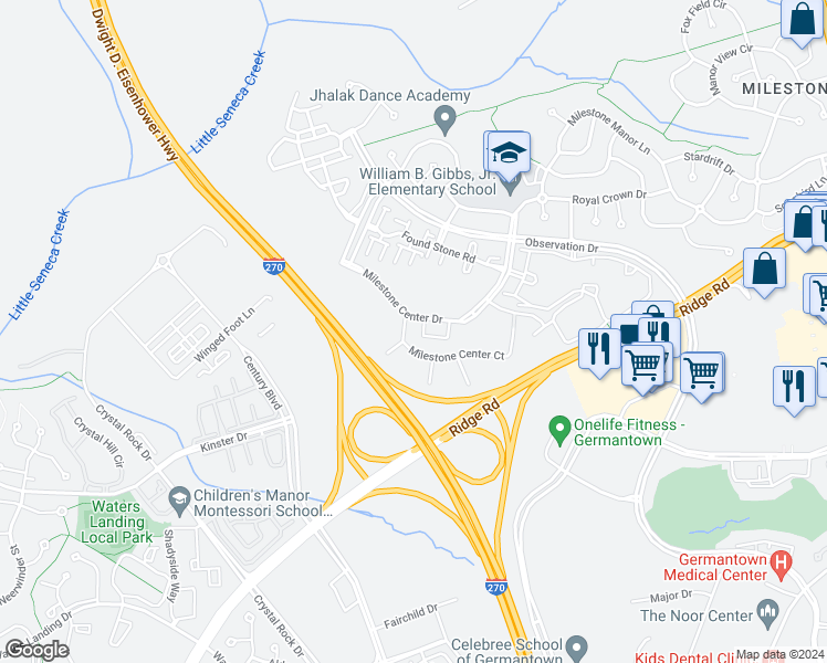 map of restaurants, bars, coffee shops, grocery stores, and more near 12420 Milestone Center Drive in Germantown