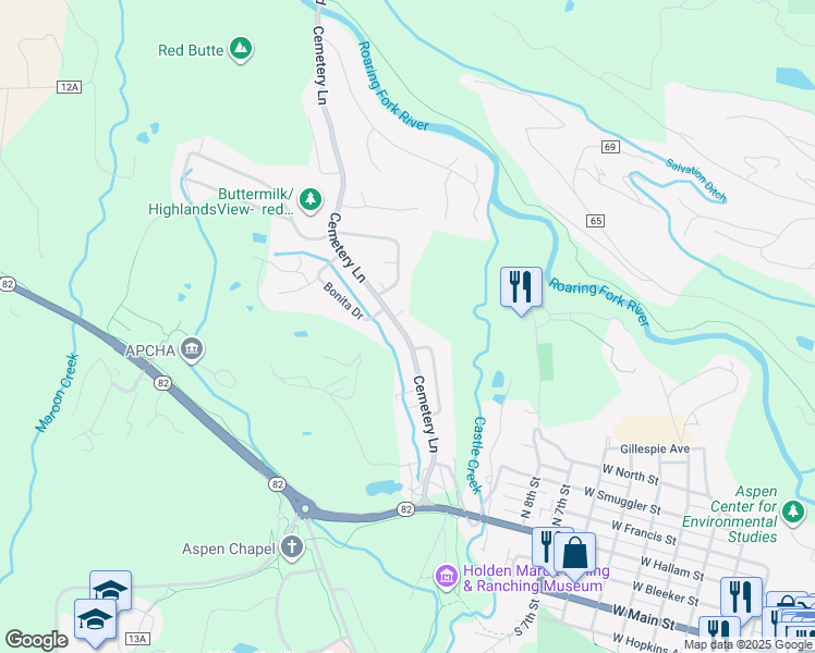 map of restaurants, bars, coffee shops, grocery stores, and more near 810 Cemetery Lane in Aspen