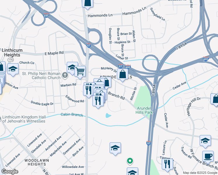 map of restaurants, bars, coffee shops, grocery stores, and more near 1604 Bedford Road in Glen Burnie
