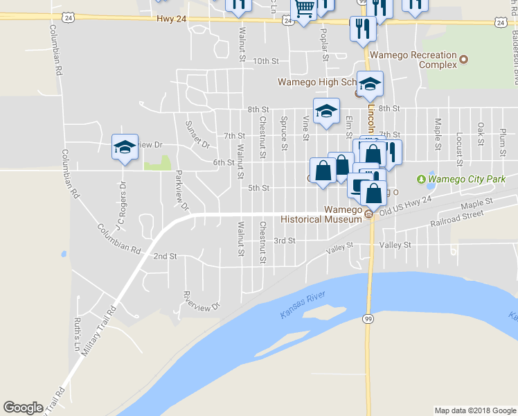 map of restaurants, bars, coffee shops, grocery stores, and more near 403 Chestnut Street in Wamego