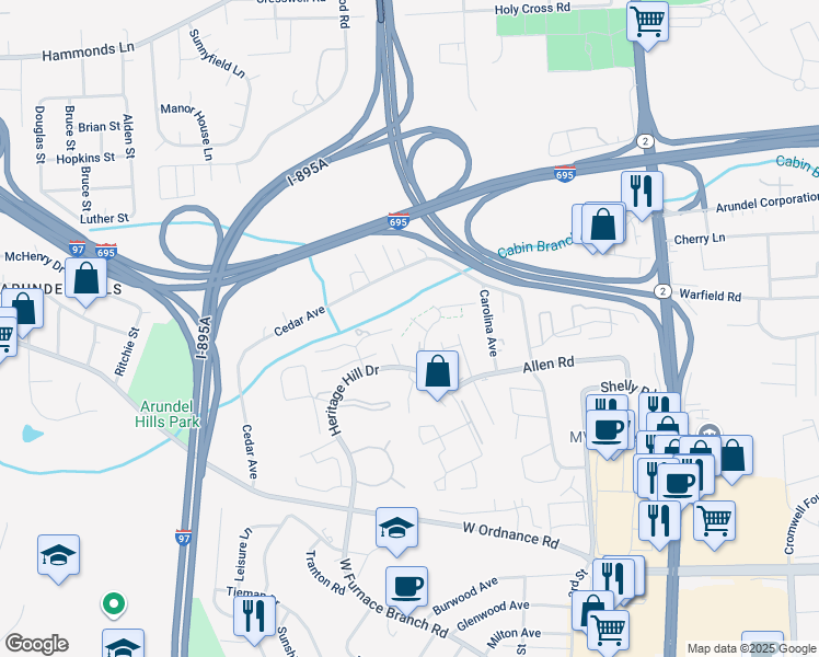 map of restaurants, bars, coffee shops, grocery stores, and more near 6429 Union Court in Glen Burnie