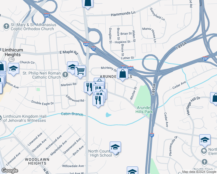 map of restaurants, bars, coffee shops, grocery stores, and more near 1604 Bedford Road in Glen Burnie