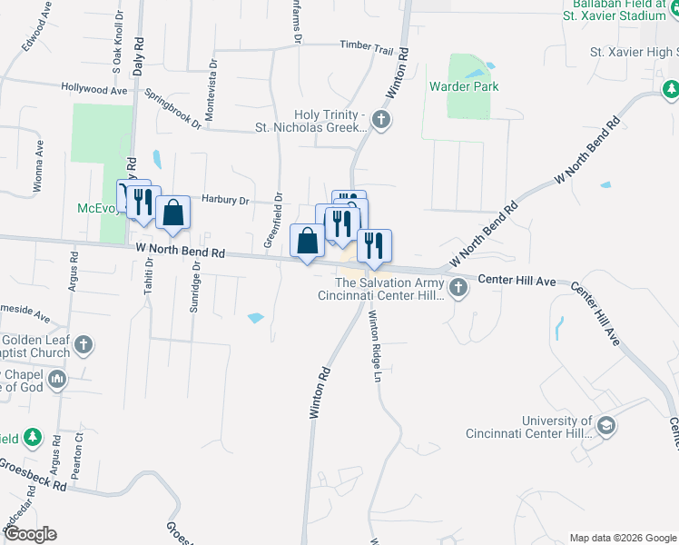 map of restaurants, bars, coffee shops, grocery stores, and more near 931 West North Bend Road in Cincinnati