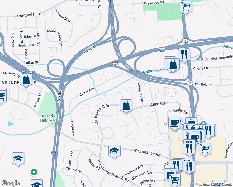 map of restaurants, bars, coffee shops, grocery stores, and more near 6429 Union Court in Glen Burnie