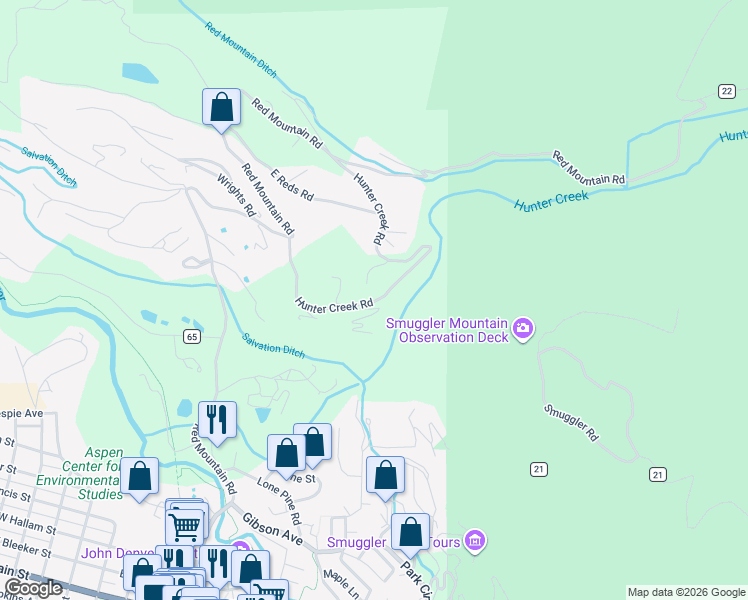 map of restaurants, bars, coffee shops, grocery stores, and more near 409 Hunter Creek Rd in Aspen