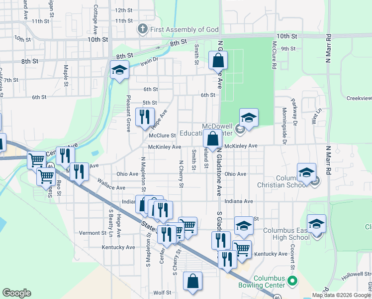 map of restaurants, bars, coffee shops, grocery stores, and more near 2321 McKinley Avenue in Columbus