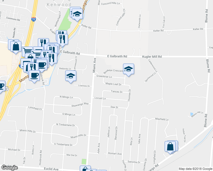 map of restaurants, bars, coffee shops, grocery stores, and more near 7807 Maple Leaf Drive in Cincinnati