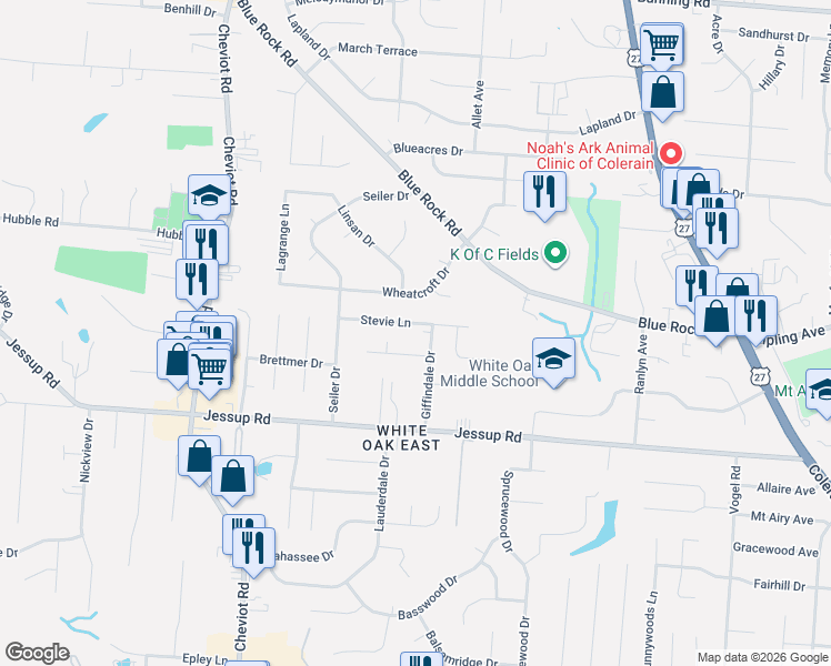 map of restaurants, bars, coffee shops, grocery stores, and more near 3311 Stevie Lane in Cincinnati