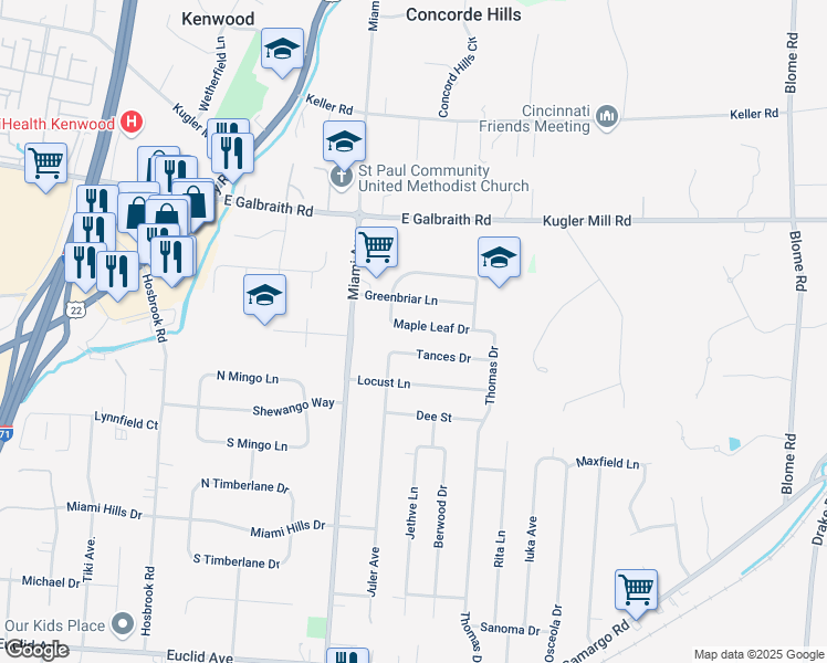 map of restaurants, bars, coffee shops, grocery stores, and more near 7807 Maple Leaf Drive in Cincinnati