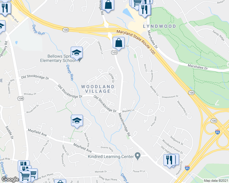 map of restaurants, bars, coffee shops, grocery stores, and more near 7670 Stony Creek Lane in Ellicott City