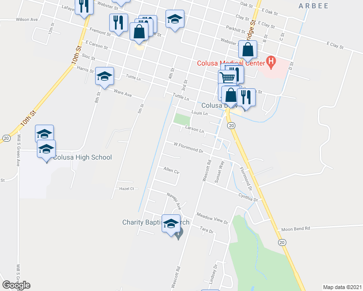 map of restaurants, bars, coffee shops, grocery stores, and more near 219 West Florimond Drive in Colusa