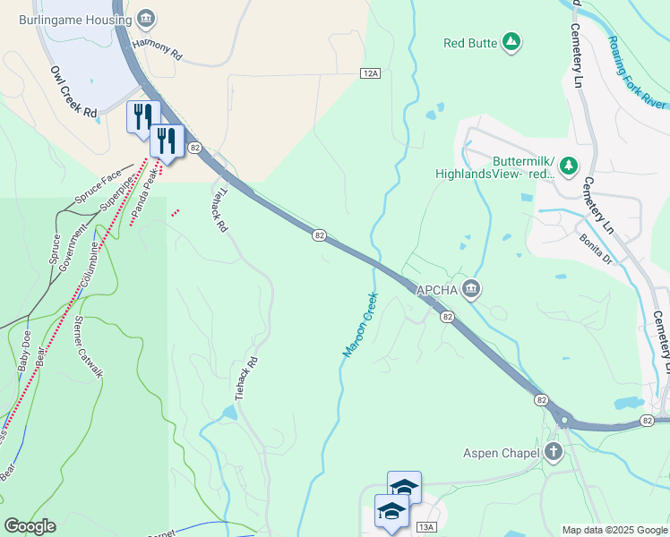 map of restaurants, bars, coffee shops, grocery stores, and more near 22094 State Highway 82 in Aspen