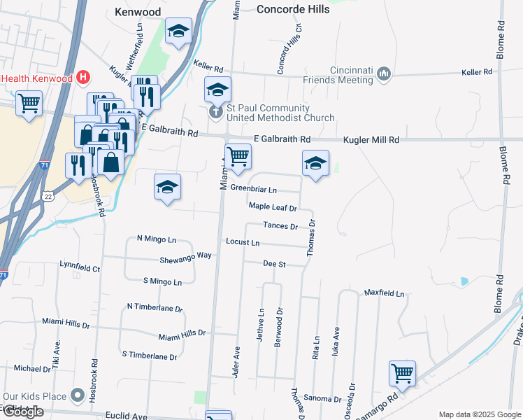 map of restaurants, bars, coffee shops, grocery stores, and more near 7807 Maple Leaf Drive in Cincinnati