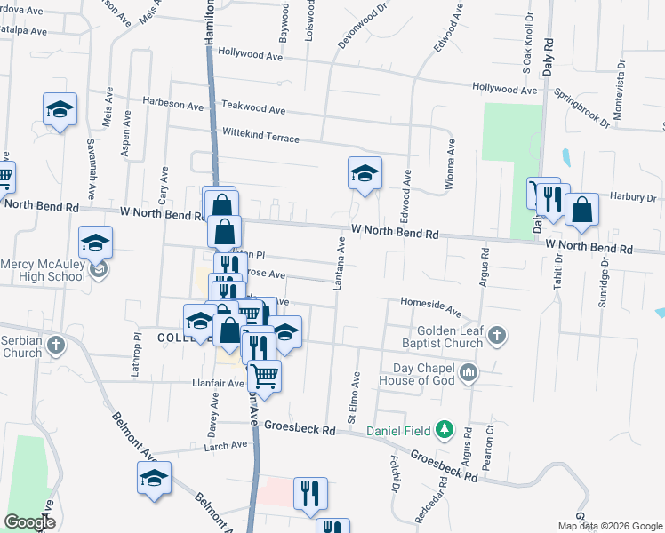 map of restaurants, bars, coffee shops, grocery stores, and more near 6040 Lantana Avenue in Cincinnati
