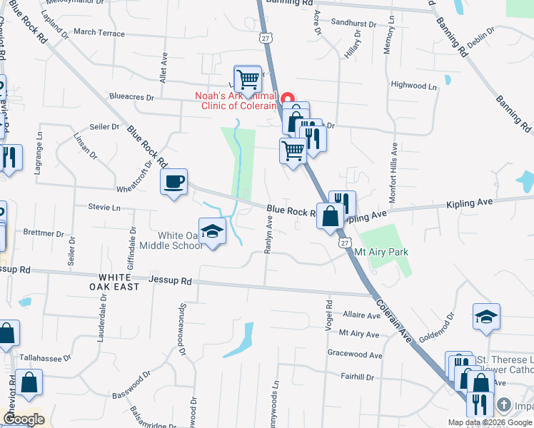 map of restaurants, bars, coffee shops, grocery stores, and more near 5896 Ranlyn Avenue in Cincinnati