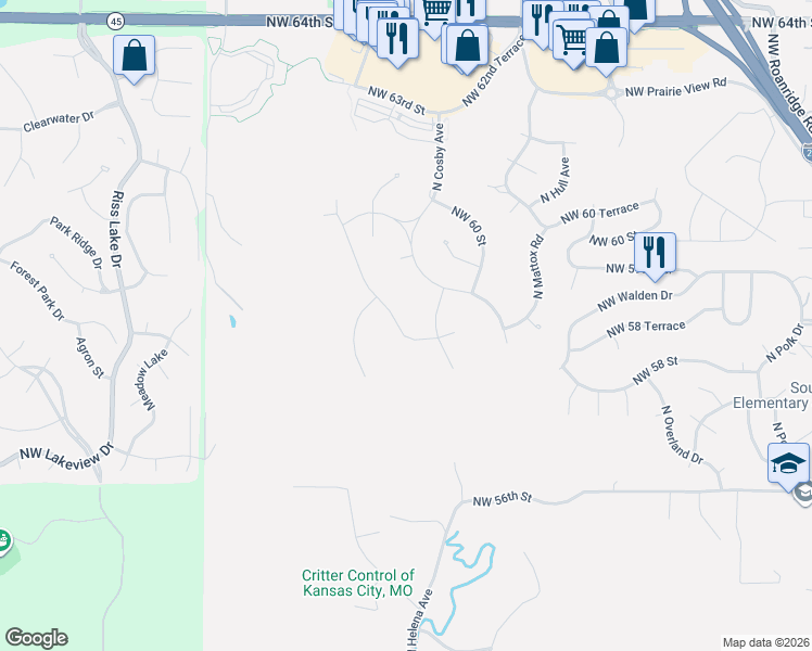 map of restaurants, bars, coffee shops, grocery stores, and more near 5920 North Cosby Avenue in Kansas City