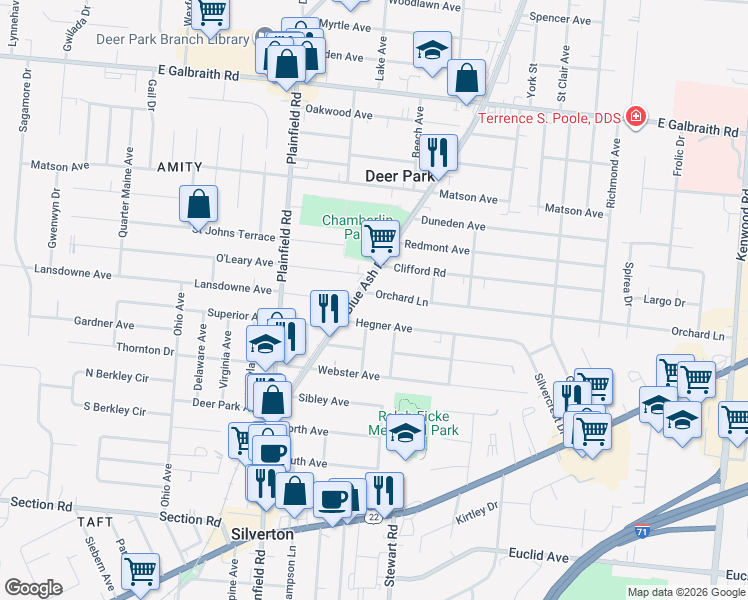 map of restaurants, bars, coffee shops, grocery stores, and more near 4113 Orchard Lane in Deer Park