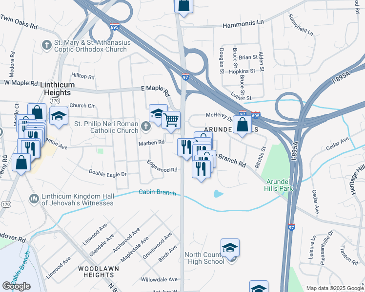 map of restaurants, bars, coffee shops, grocery stores, and more near 7069 Baltimore Annapolis Boulevard in Glen Burnie