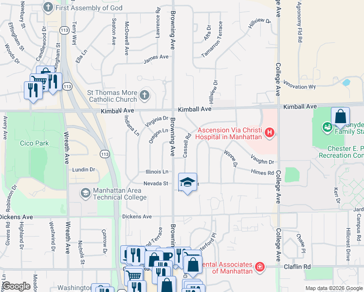 map of restaurants, bars, coffee shops, grocery stores, and more near 1748 Cassell Road in Manhattan