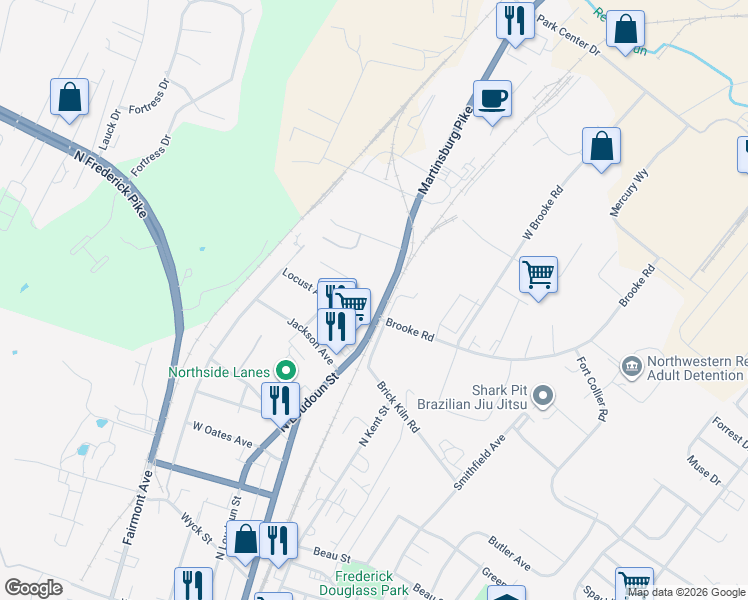 map of restaurants, bars, coffee shops, grocery stores, and more near 905 Martinsburg Pike in Winchester