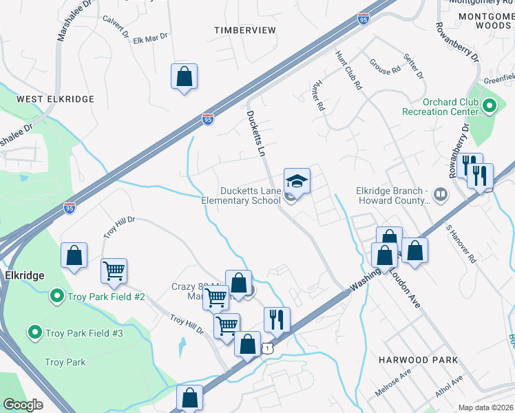 map of restaurants, bars, coffee shops, grocery stores, and more near 6240 Ducketts Lane in Elkridge