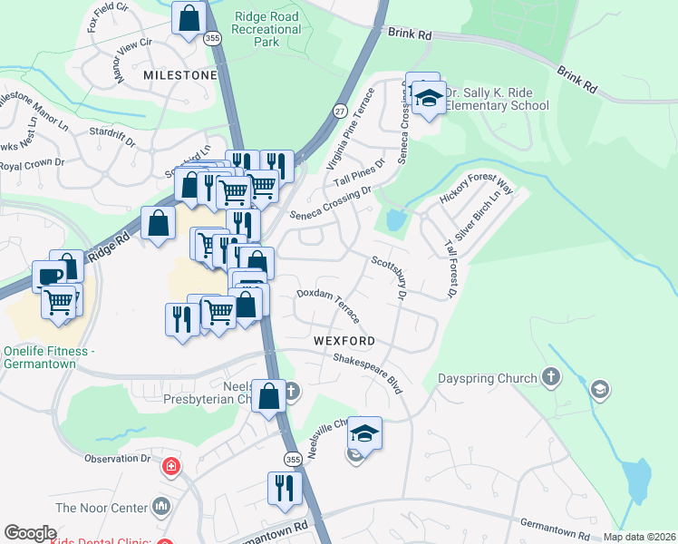 map of restaurants, bars, coffee shops, grocery stores, and more near 20932 Theseus Terrace in Germantown