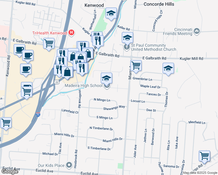 map of restaurants, bars, coffee shops, grocery stores, and more near 7612 Loannes Drive in Madeira