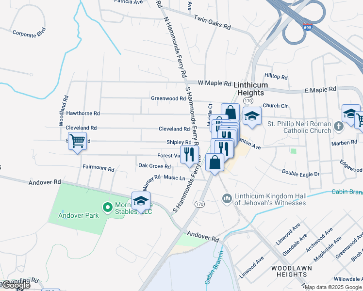map of restaurants, bars, coffee shops, grocery stores, and more near 409 Shipley Road in Linthicum Heights