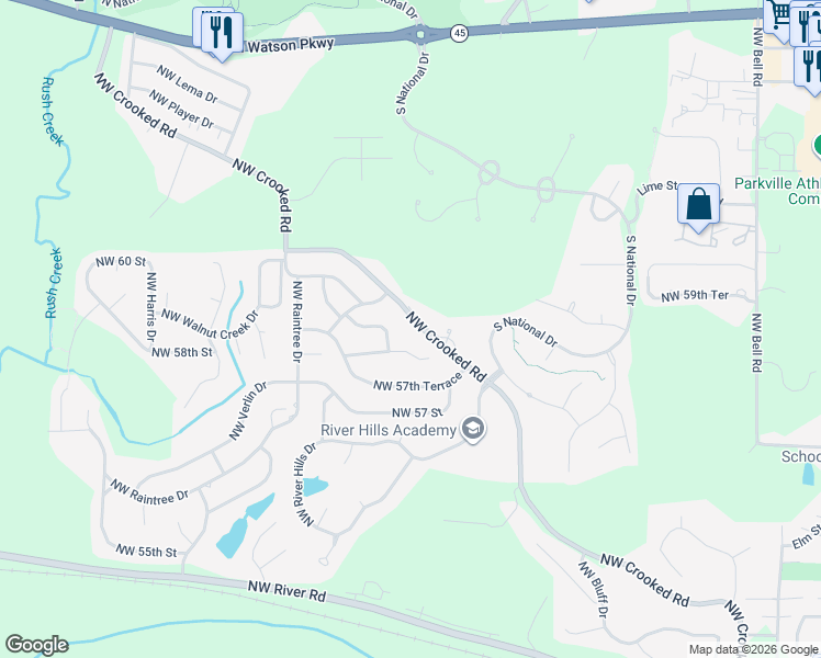 map of restaurants, bars, coffee shops, grocery stores, and more near 5803 Northwest Aspen Lane in Parkville