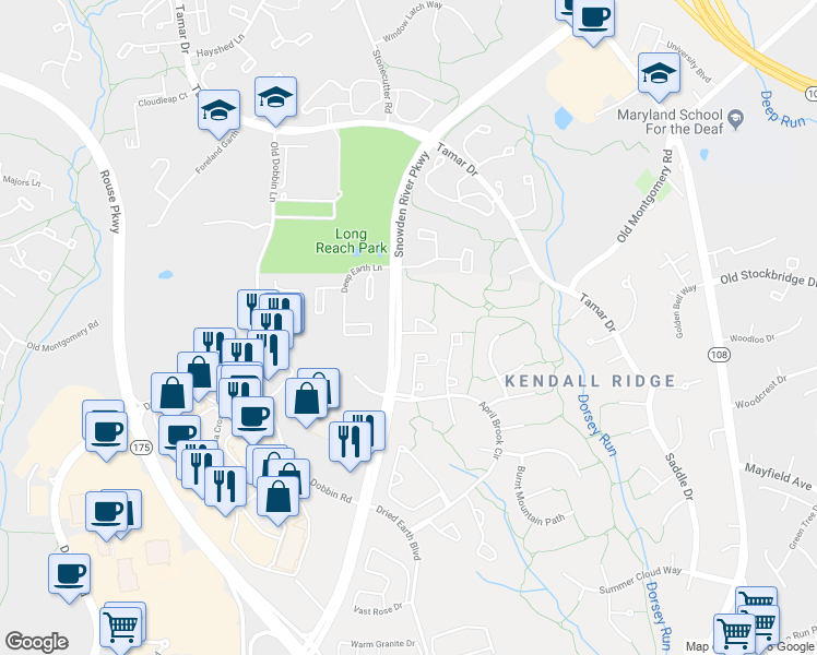 map of restaurants, bars, coffee shops, grocery stores, and more near 6101 Quiet Times in Columbia