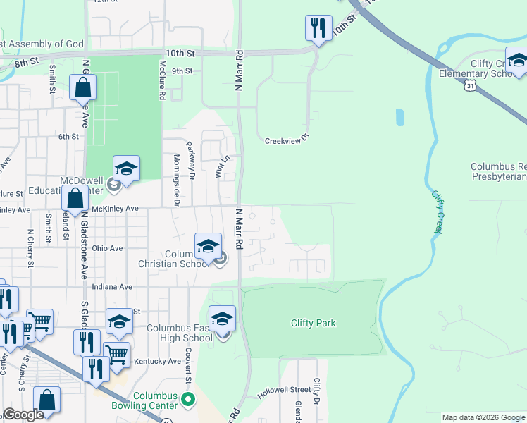 map of restaurants, bars, coffee shops, grocery stores, and more near 3301 McKinley Avenue in Columbus